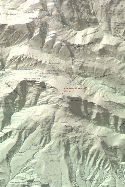 Mapa de relieve de Sant Marc de Brocà, 1611 m, Berguedà, lámina 100 Cims de Trobart. Detalle de la zona central. 61 × 91 cm.