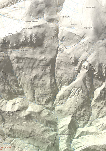 Mapa de relieve de Sant Marc de Brocà, 1611 m, Berguedà, lámina 100 Cims de Trobart. Detalle de la zona superior derecha. 70 × 100 cm.