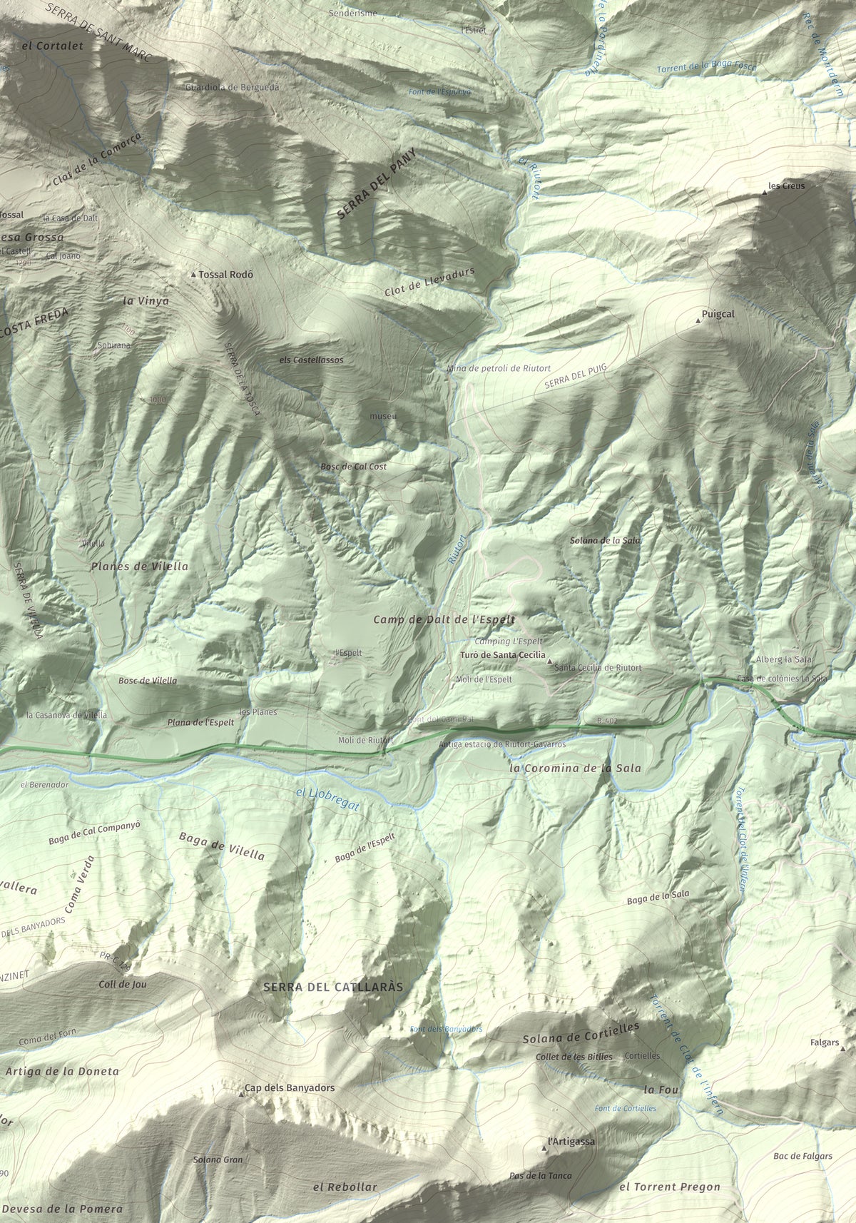 Mapa de relieve de Sant Marc de Brocà, 1611 m, Berguedà, lámina 100 Cims de Trobart. Detalle de la zona inferior derecha. 70 × 100 cm.