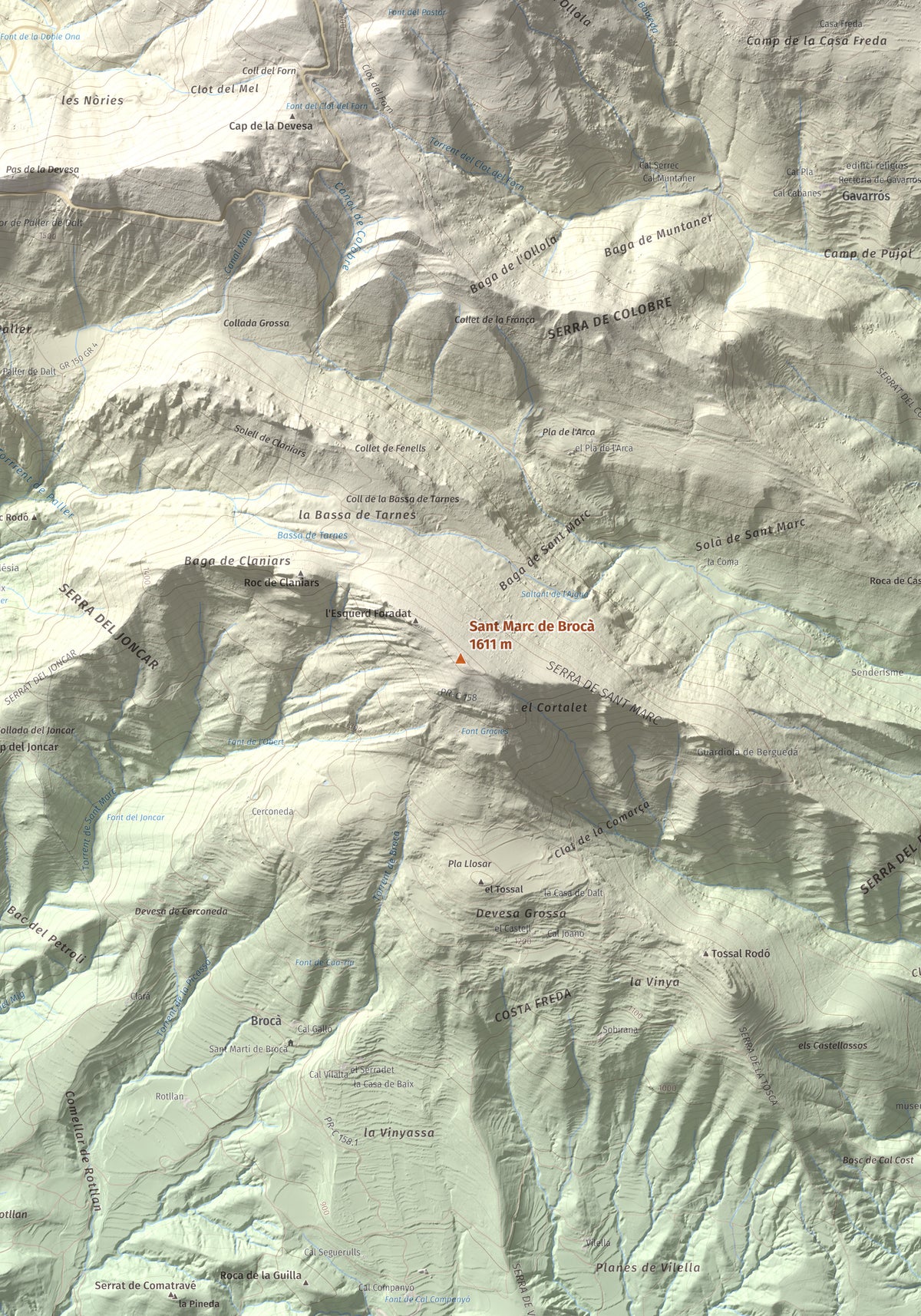 Mapa de relieve de Sant Marc de Brocà, 1611 m, Berguedà, lámina 100 Cims de Trobart. Detalle de la zona central. 70 × 100 cm.