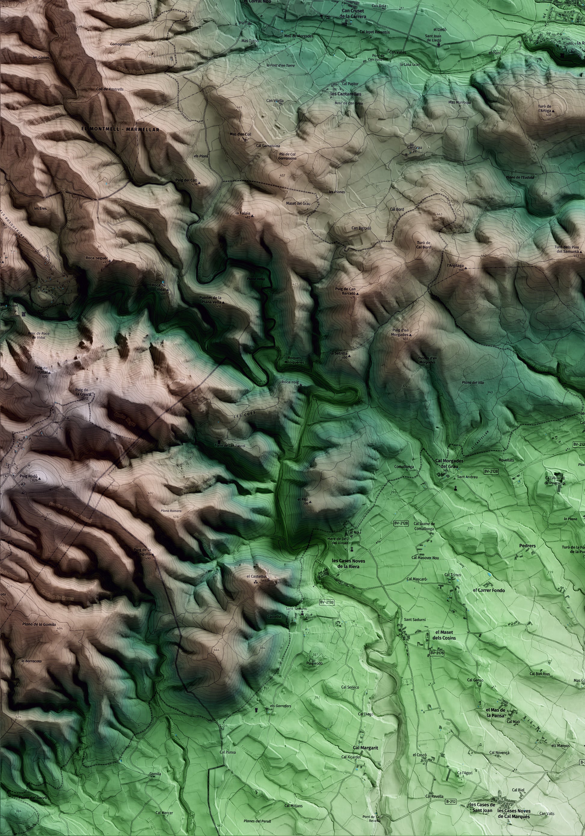 Mapa artístico del relieve de Sant Martí Sarroca, al Alt Penedès, con 15 km de entorno y base topográfica ICGC. Detalle de la zona inferior izquierda.