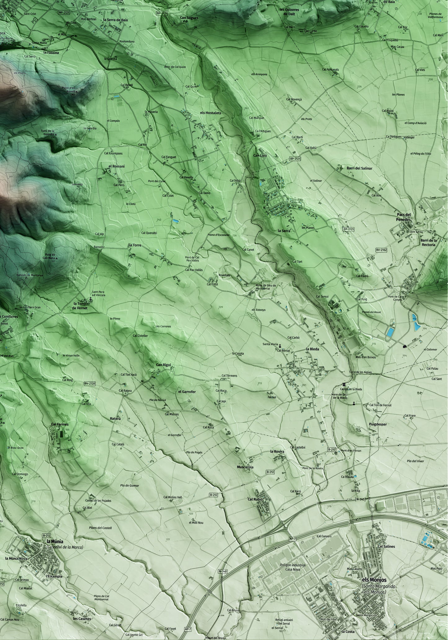 Mapa artístico del relieve de Sant Martí Sarroca, al Alt Penedès, con 15 km de entorno y base topográfica ICGC. Detalle de la zona inferior derecha.