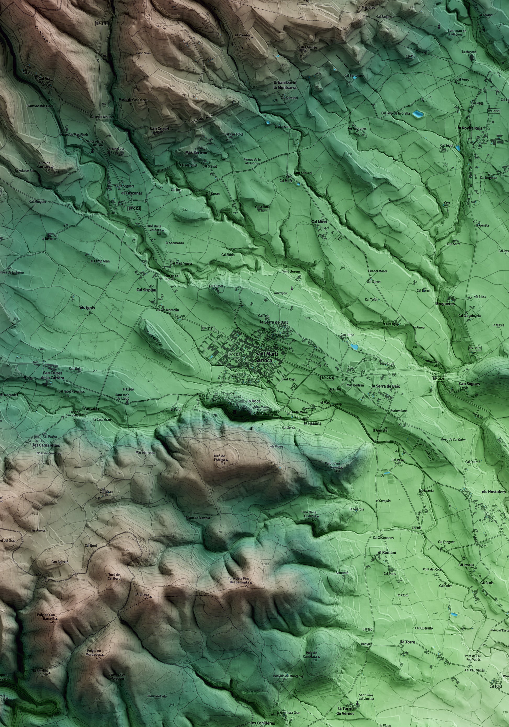 Mapa artístico del relieve de Sant Martí Sarroca, al Alt Penedès, con 15 km de entorno y base topográfica ICGC. Detalle de la zona central.