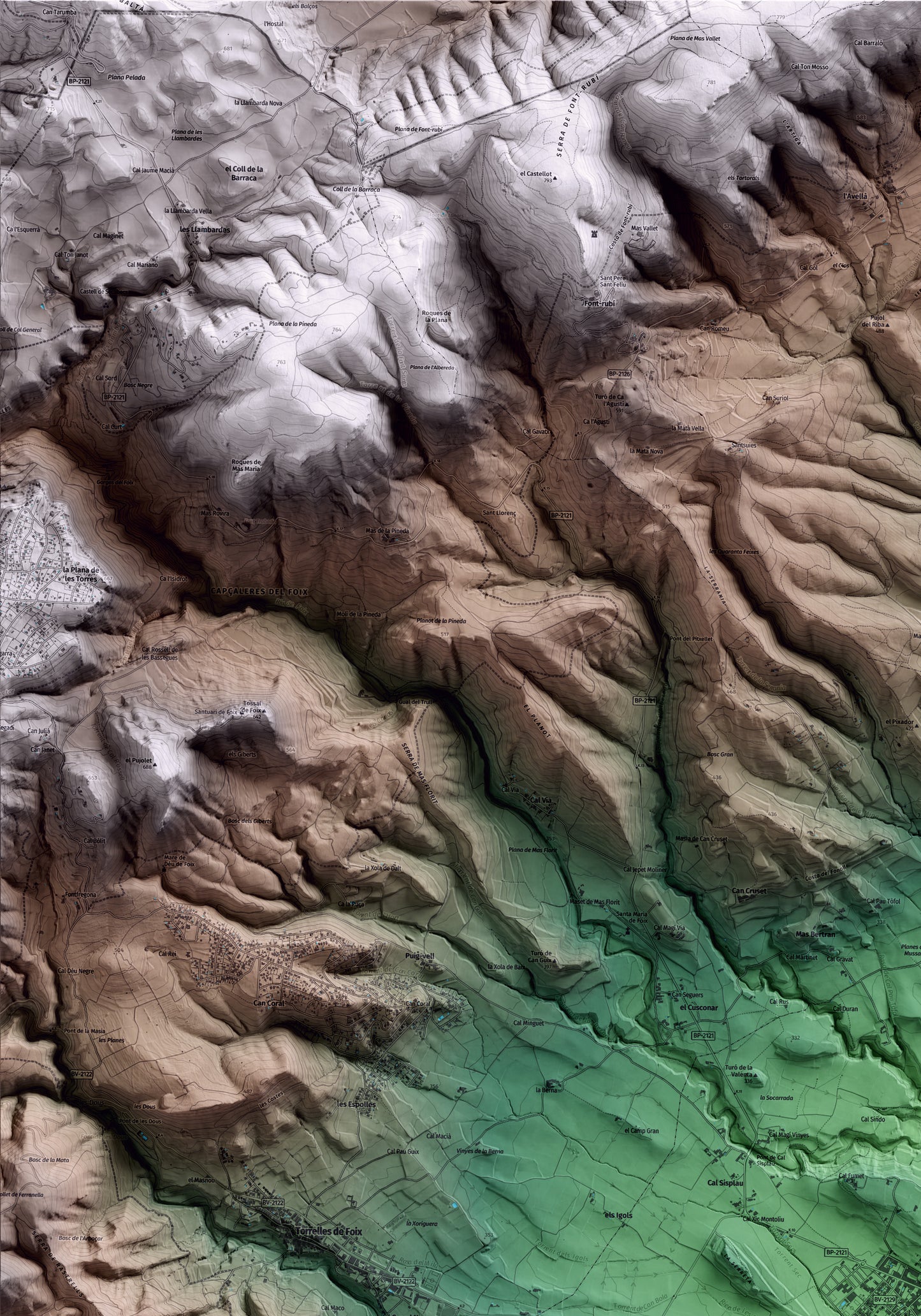 Mapa artístico del relieve de Sant Martí Sarroca, al Alt Penedès, con 15 km de entorno y base topográfica ICGC. Detalle de la zona superior izquierda.