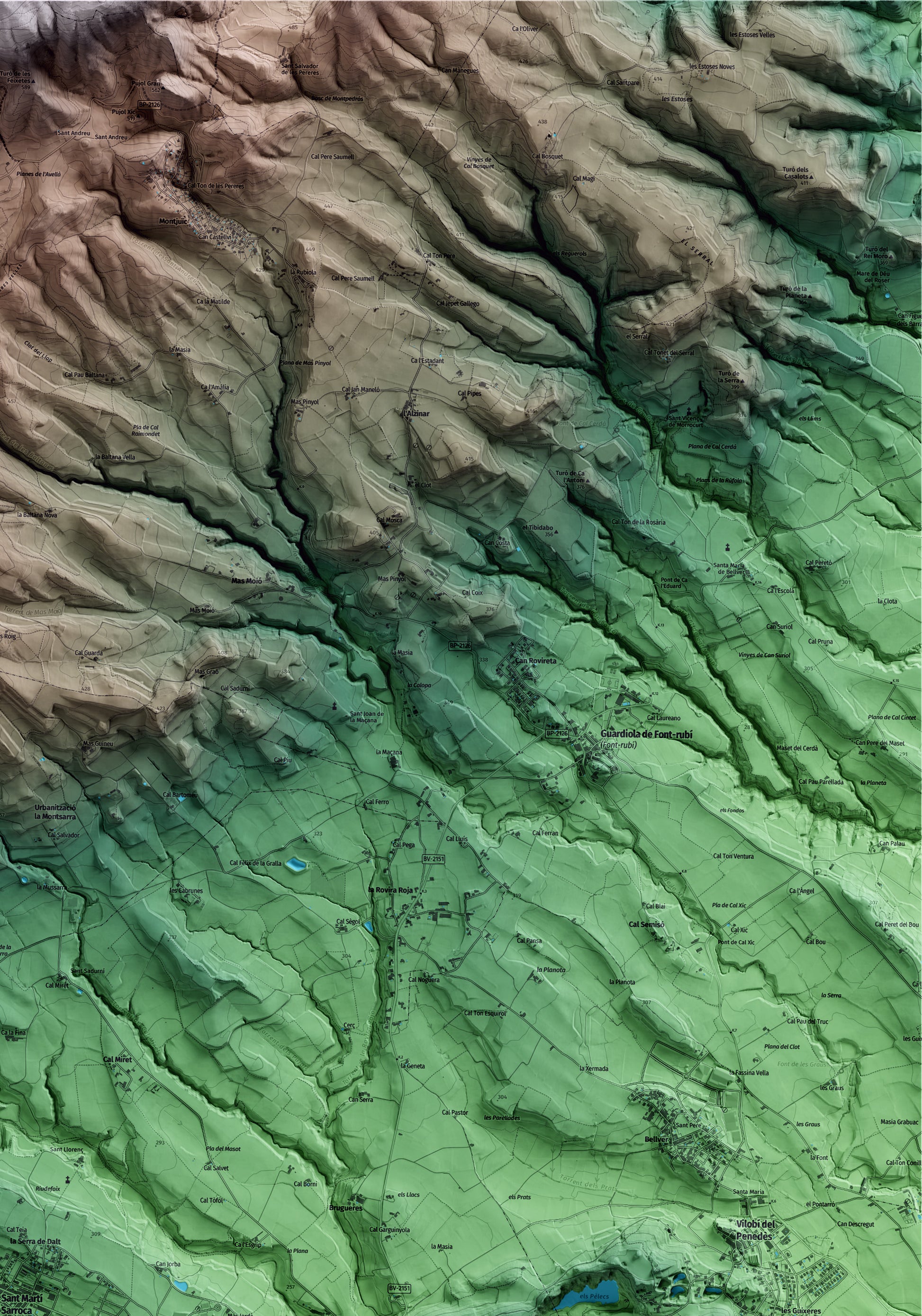Mapa artístico del relieve de Sant Martí Sarroca, al Alt Penedès, con 15 km de entorno y base topográfica ICGC. Detalle de la zona superior derecha.