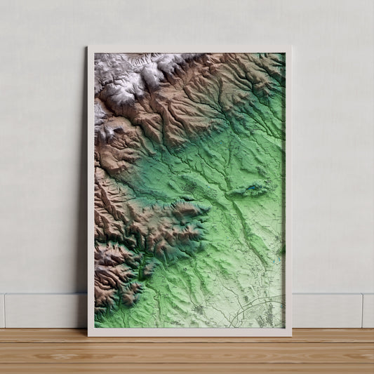 Mapa artístico del relieve de Sant Martí Sarroca, al Alt Penedès, con 15 km de entorno y base topográfica ICGC. Presentación enmarcada.