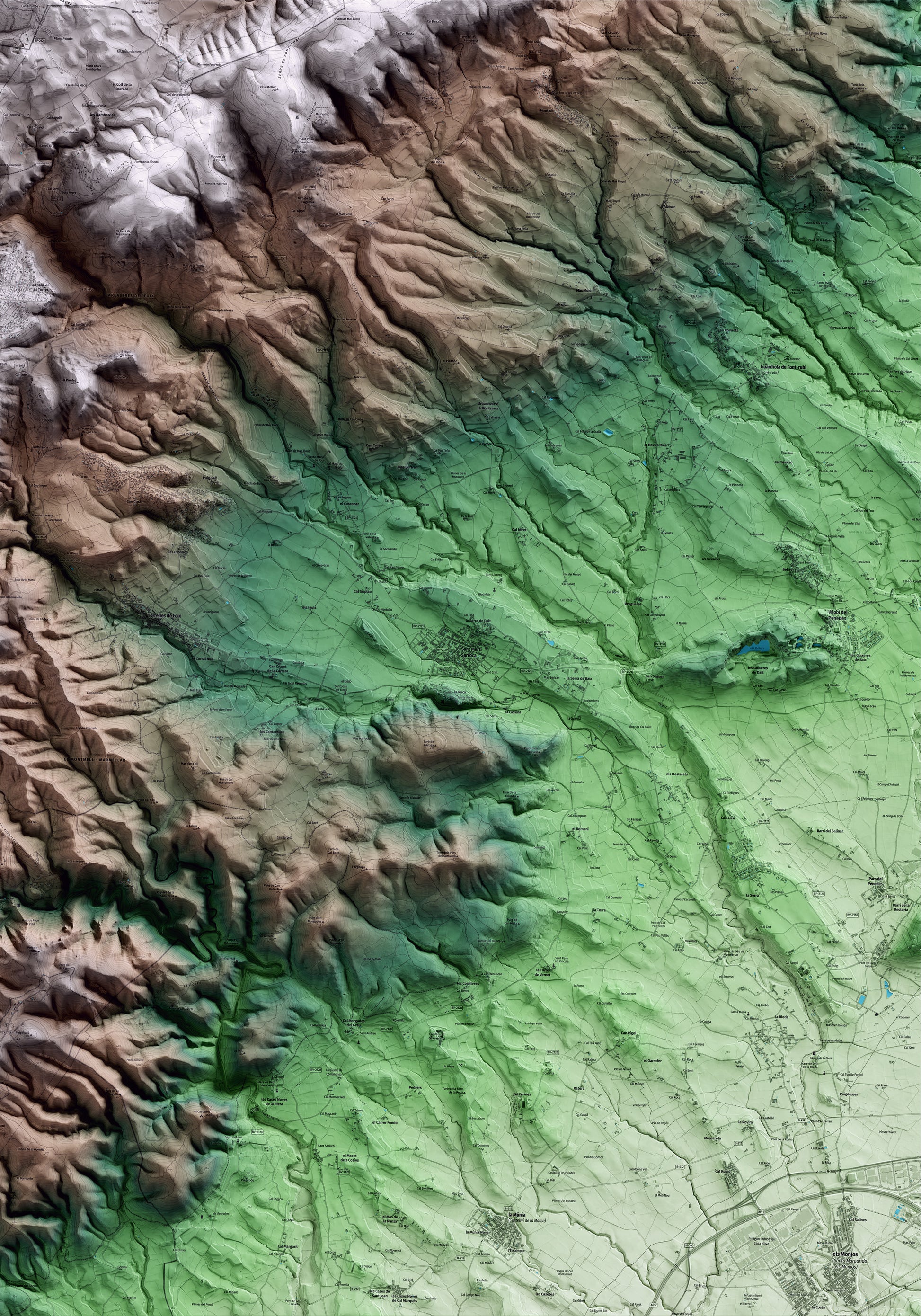 Mapa artístico del relieve de Sant Martí Sarroca, al Alt Penedès, con 15 km de entorno y base topográfica ICGC