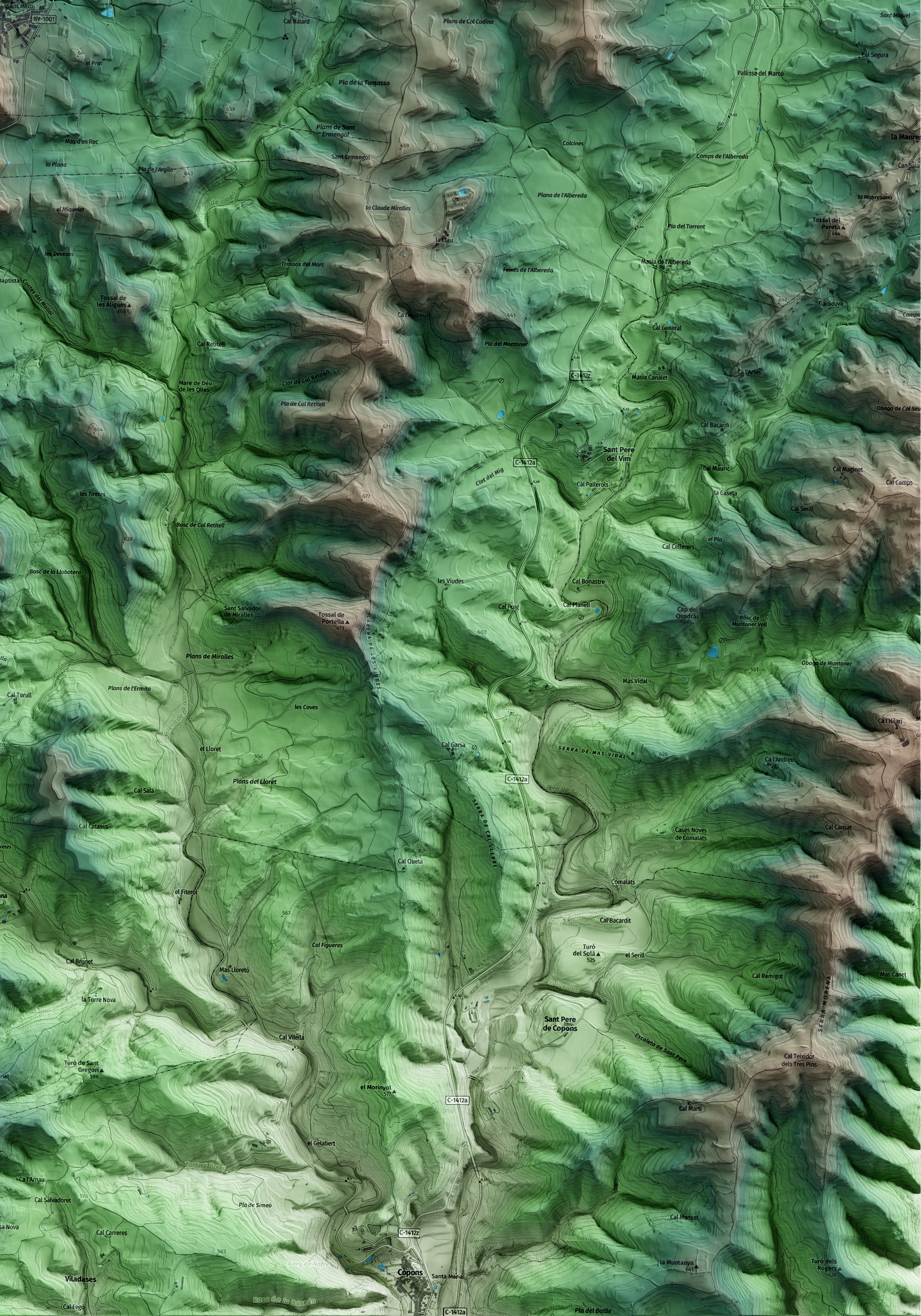 Mapa artístico del relieve de Sant Martí Sesgueioles, al Anoia, con 15 km de entorno y base topográfica ICGC. Detalle de la zona inferior derecha.
