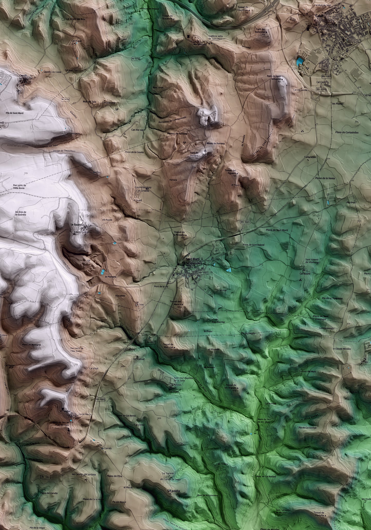 Mapa artístico del relieve de Sant Martí Sesgueioles, al Anoia, con 15 km de entorno y base topográfica ICGC. Detalle de la zona central.