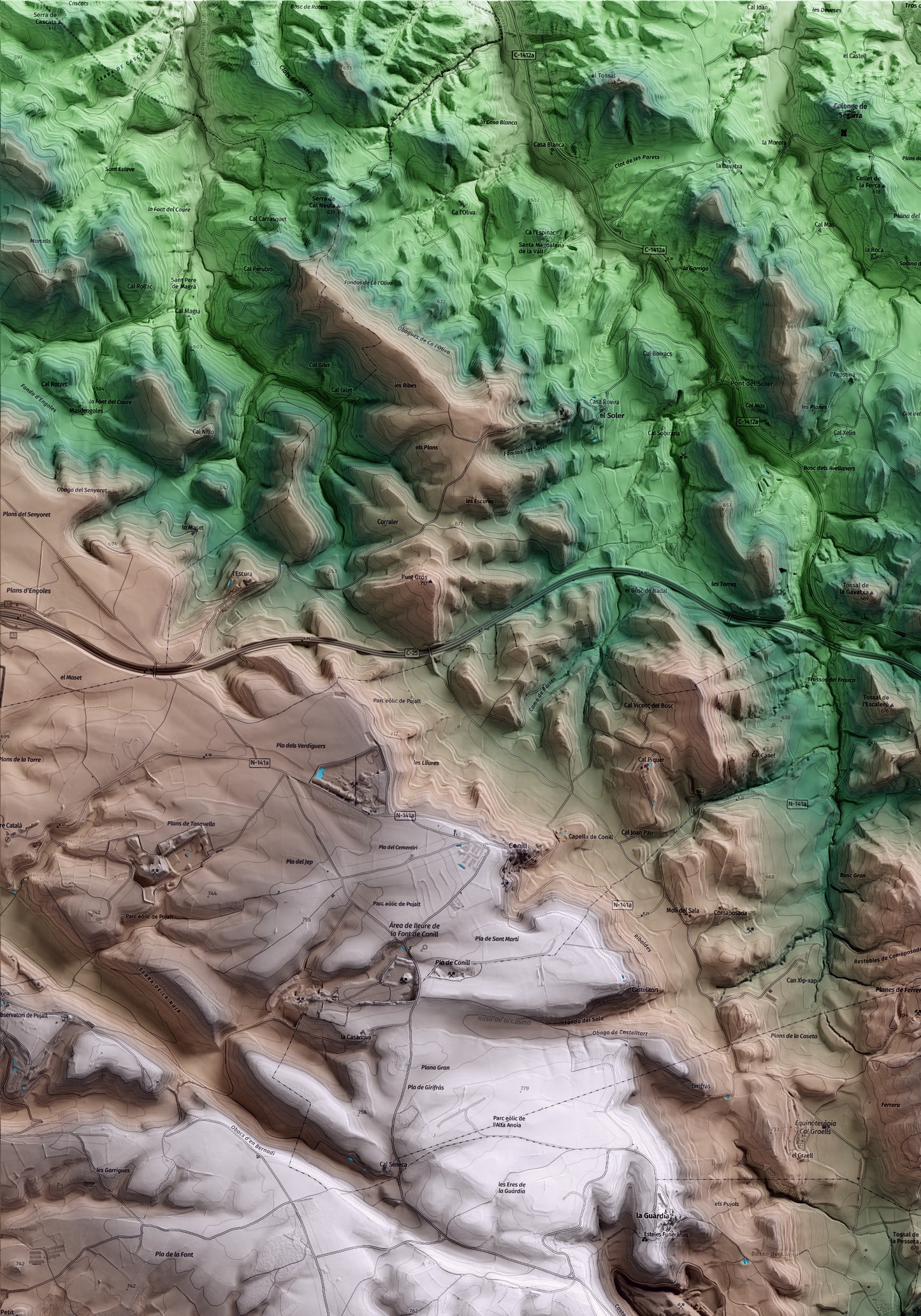 Mapa artístico del relieve de Sant Martí Sesgueioles, al Anoia, con 15 km de entorno y base topográfica ICGC. Detalle de la zona superior izquierda.