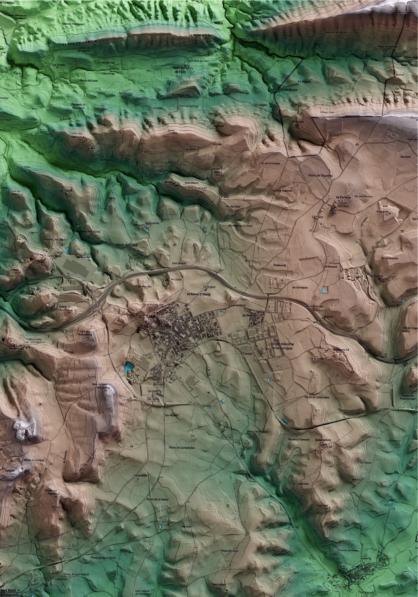 Mapa artístico del relieve de Sant Martí Sesgueioles, al Anoia, con 15 km de entorno y base topográfica ICGC. Detalle de la zona superior derecha.