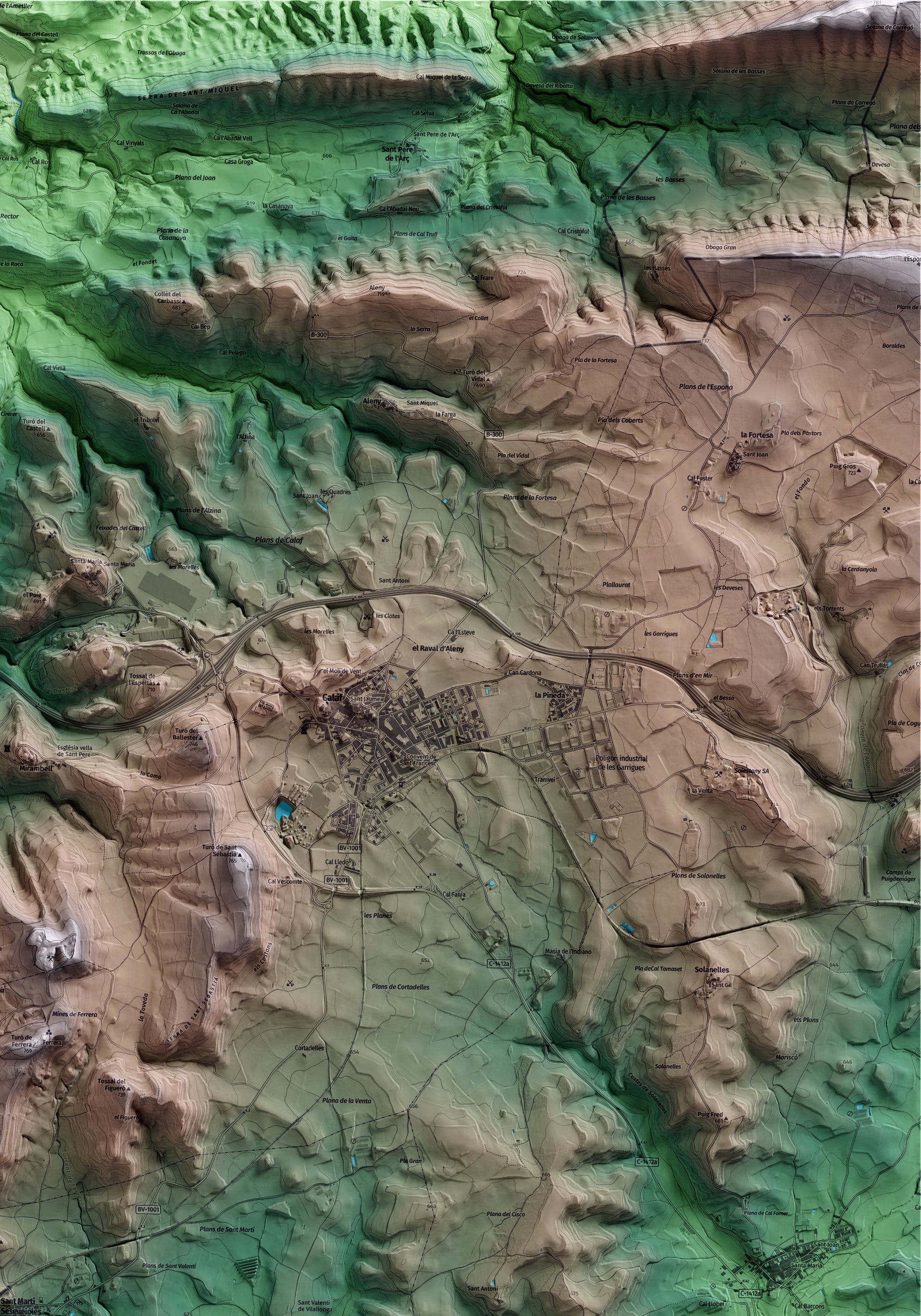Mapa artístico del relieve de Sant Martí Sesgueioles, al Anoia, con 15 km de entorno y base topográfica ICGC. Detalle de la zona superior derecha.