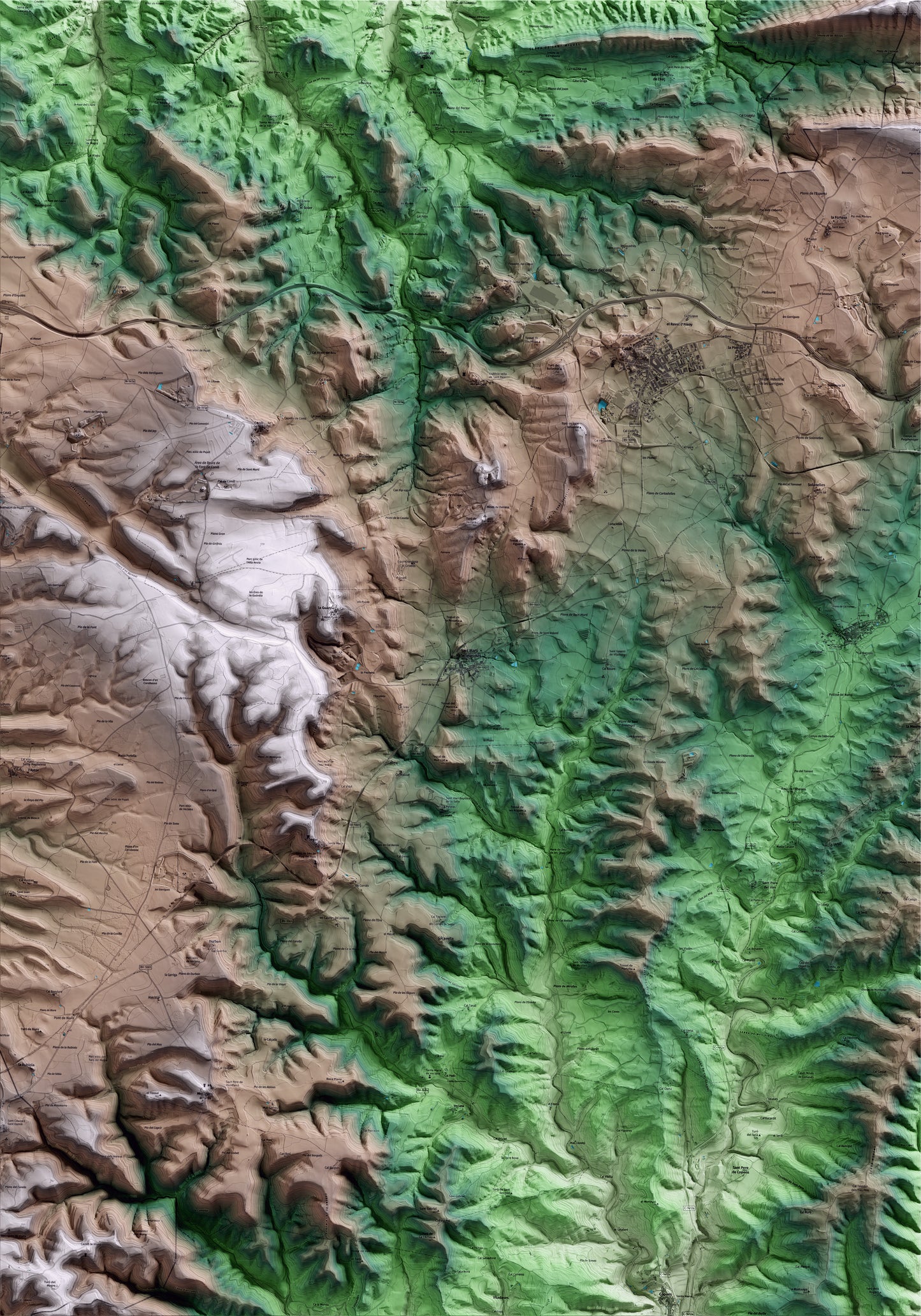 Mapa artístico del relieve de Sant Martí Sesgueioles, al Anoia, con 15 km de entorno y base topográfica ICGC