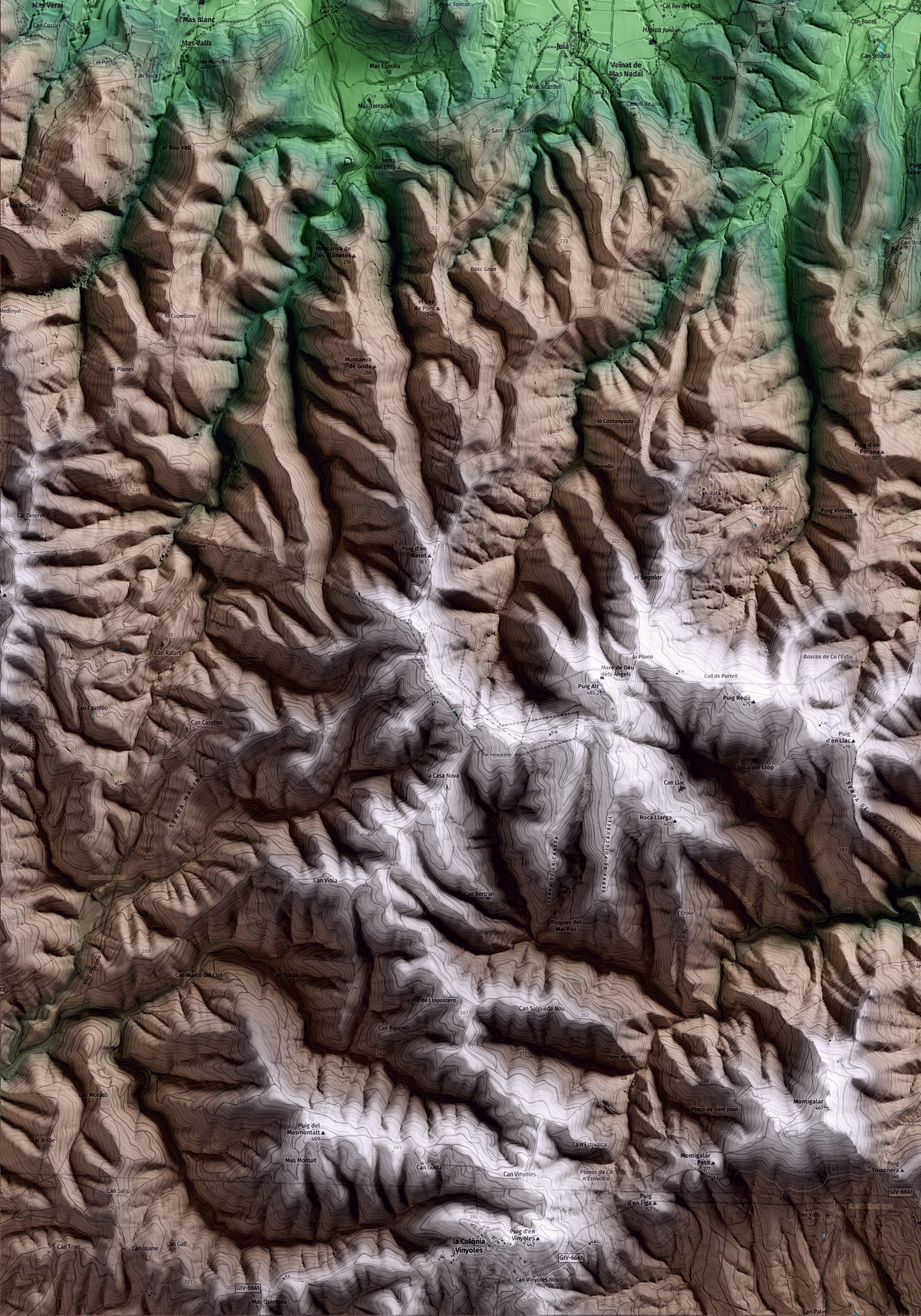 Mapa artístico del relieve de Sant Martí Vell, al Gironès, con 15 km de entorno y base topográfica ICGC. Detalle de la zona inferior izquierda.