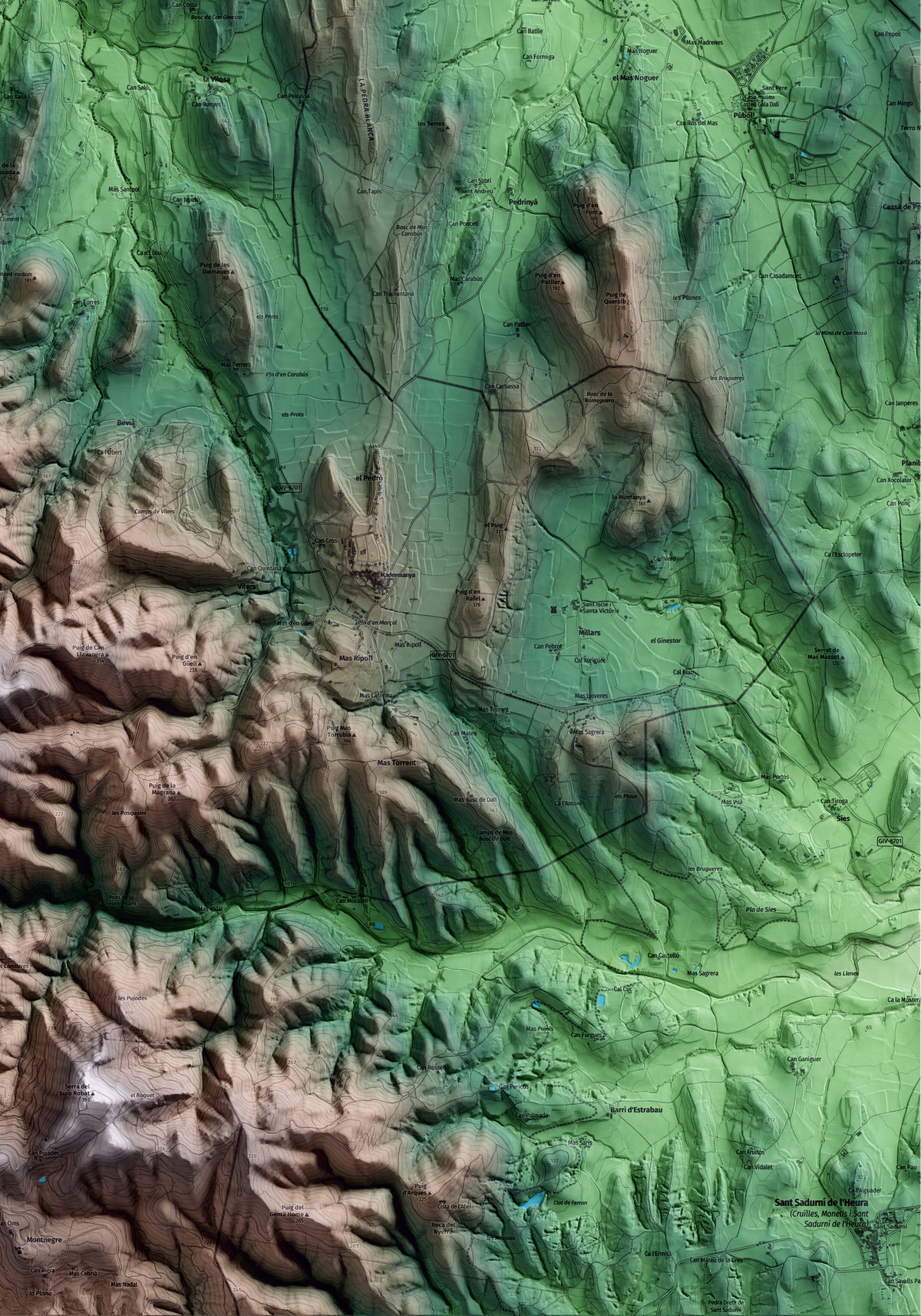 Mapa artístico del relieve de Sant Martí Vell, al Gironès, con 15 km de entorno y base topográfica ICGC. Detalle de la zona inferior derecha.