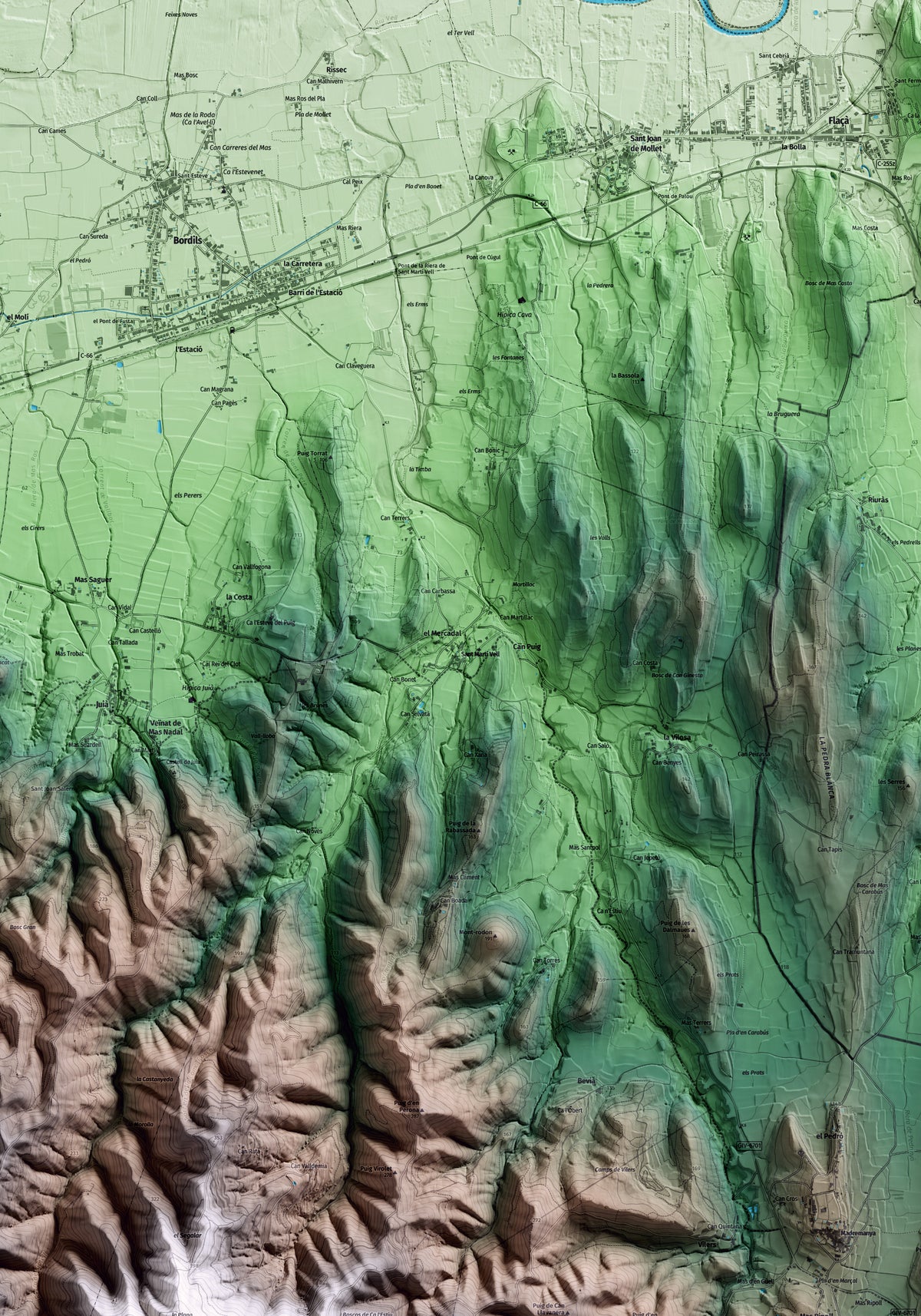 Mapa artístico del relieve de Sant Martí Vell, al Gironès, con 15 km de entorno y base topográfica ICGC. Detalle de la zona central.