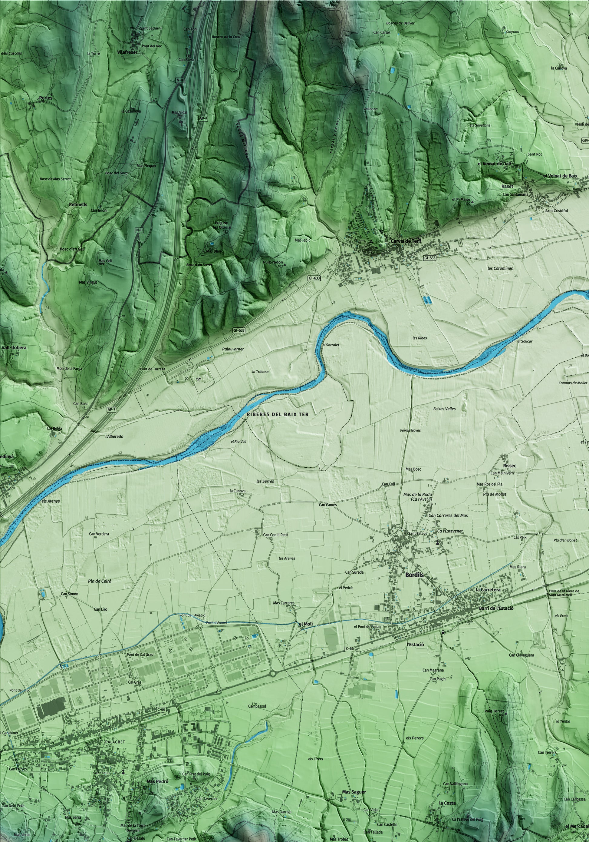 Mapa artístico del relieve de Sant Martí Vell, al Gironès, con 15 km de entorno y base topográfica ICGC. Detalle de la zona superior izquierda.