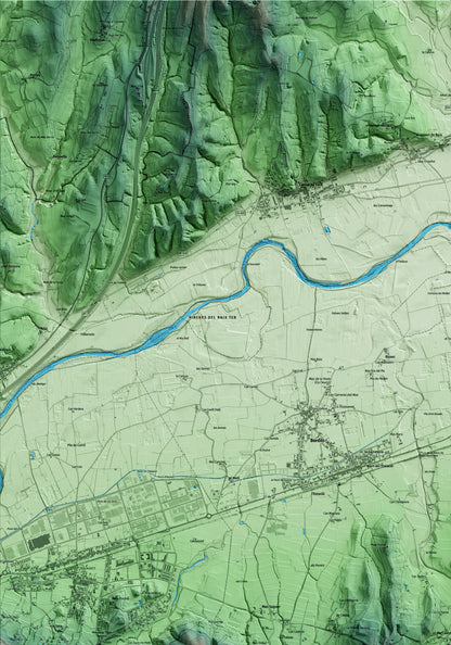 Mapa artístico del relieve de Sant Martí Vell, al Gironès, con 15 km de entorno y base topográfica ICGC. Detalle de la zona superior izquierda.