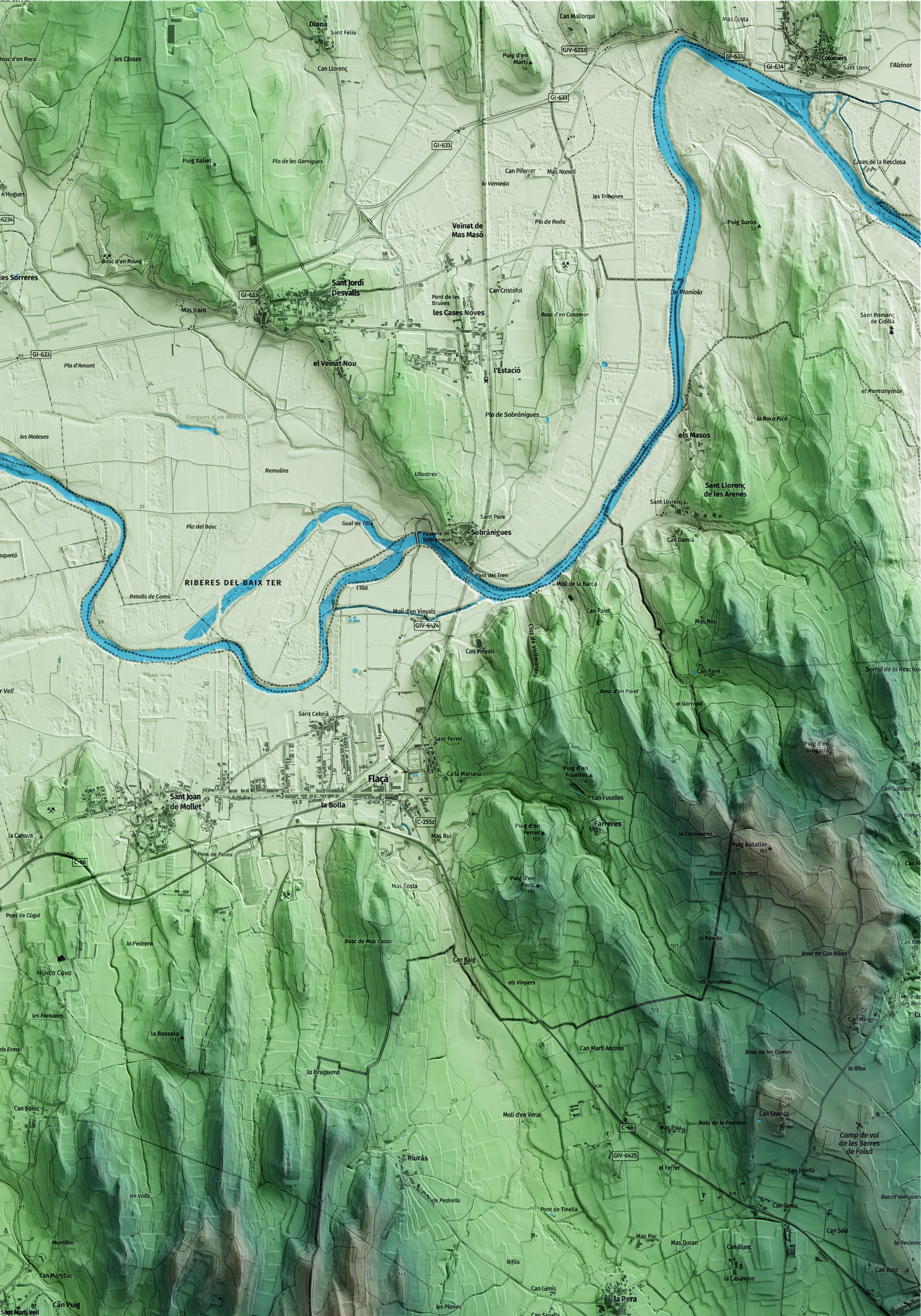 Mapa artístico del relieve de Sant Martí Vell, al Gironès, con 15 km de entorno y base topográfica ICGC. Detalle de la zona superior derecha.