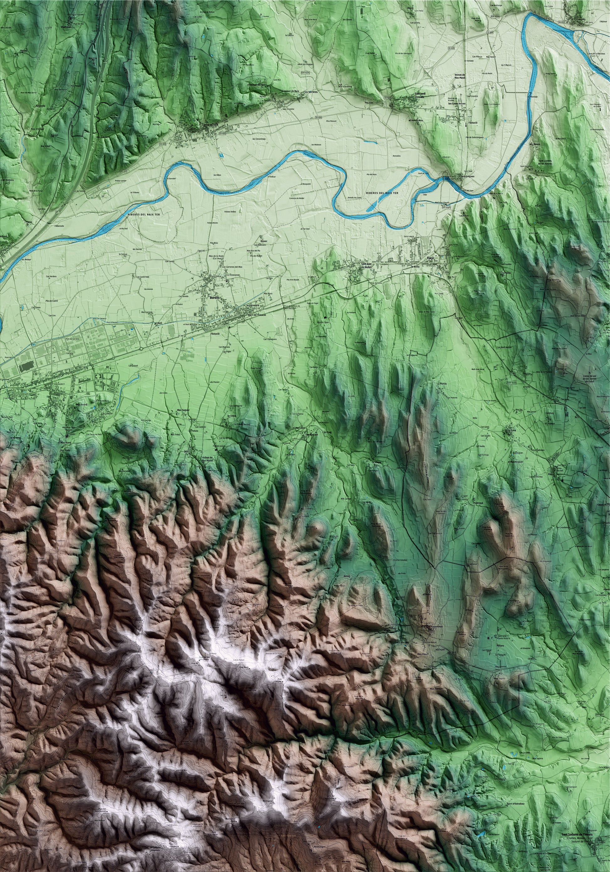 Mapa artístico del relieve de Sant Martí Vell, al Gironès, con 15 km de entorno y base topográfica ICGC