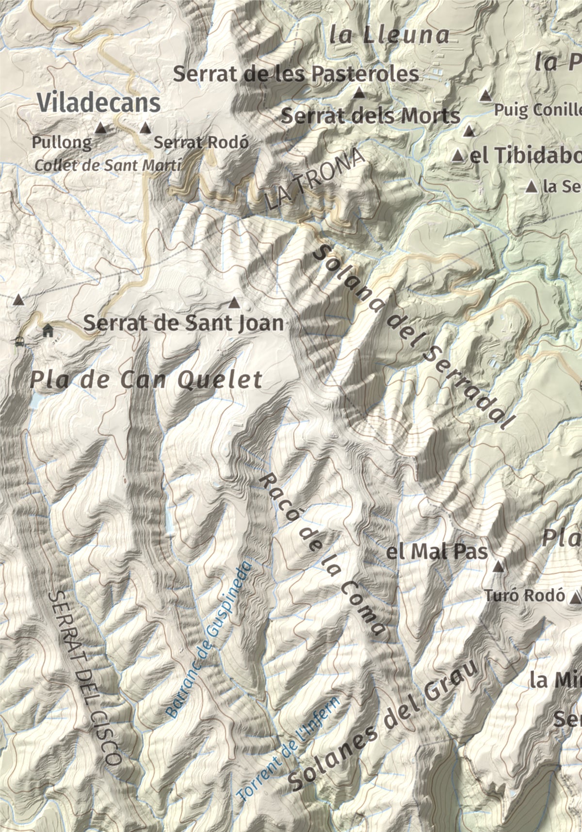 Mapa de relieve de Sant Martí Xic (Castell de Voltregà), 859 m, Osona, lámina 100 Cims de Trobart. Detalle de la zona superior izquierda. 21 × 30 cm.