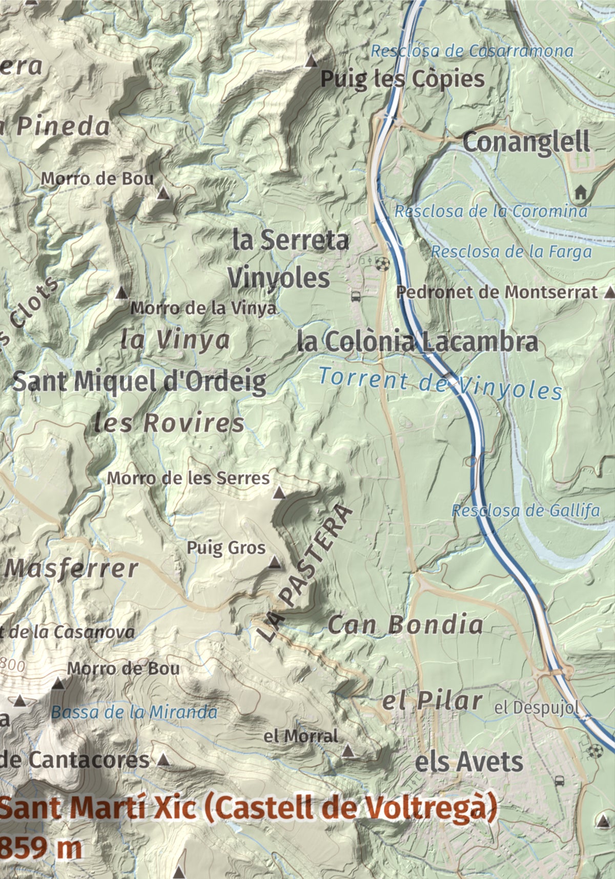 Mapa de relieve de Sant Martí Xic (Castell de Voltregà), 859 m, Osona, lámina 100 Cims de Trobart. Detalle de la zona superior derecha. 21 × 30 cm.