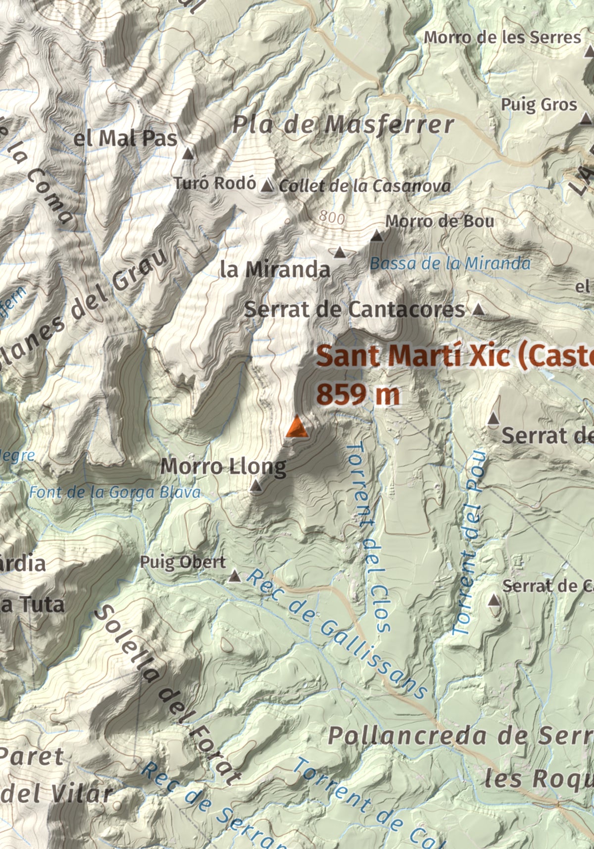 Mapa de relieve de Sant Martí Xic (Castell de Voltregà), 859 m, Osona, lámina 100 Cims de Trobart. Detalle de la zona central. 21 × 30 cm.