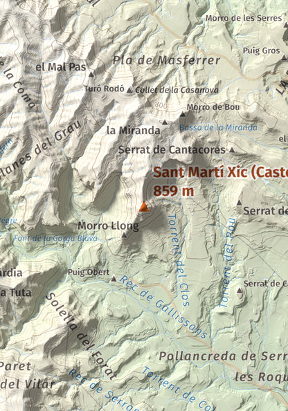 Mapa de relieve de Sant Martí Xic (Castell de Voltregà), 859 m, Osona, lámina 100 Cims de Trobart. Detalle de la zona central. 21 × 30 cm.