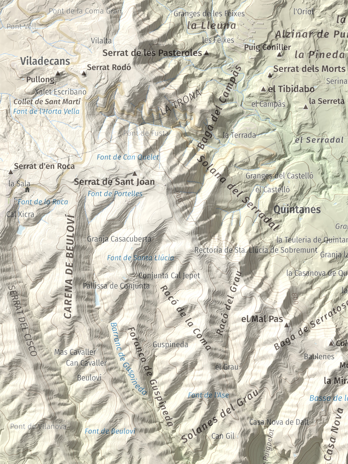 Mapa de relieve de Sant Martí Xic (Castell de Voltregà), 859 m, Osona, lámina 100 Cims de Trobart. Detalle de la zona superior izquierda. 30 × 40 cm.