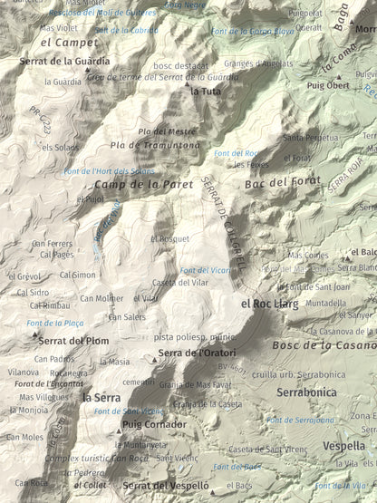 Mapa de relieve de Sant Martí Xic (Castell de Voltregà), 859 m, Osona, lámina 100 Cims de Trobart. Detalle de la zona inferior izquierda. 30 × 40 cm.