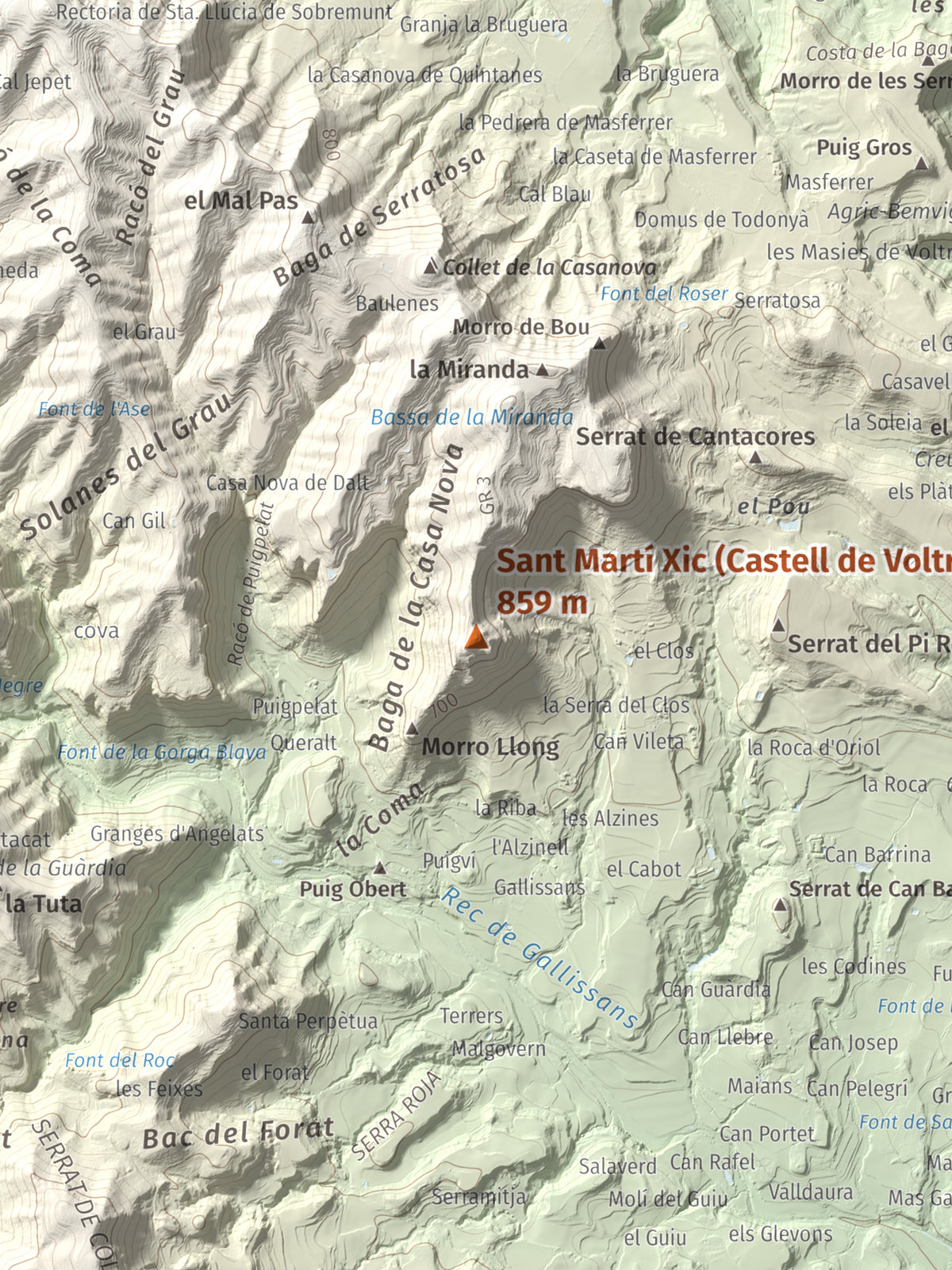 Mapa de relieve de Sant Martí Xic (Castell de Voltregà), 859 m, Osona, lámina 100 Cims de Trobart. Detalle de la zona central. 30 × 40 cm.