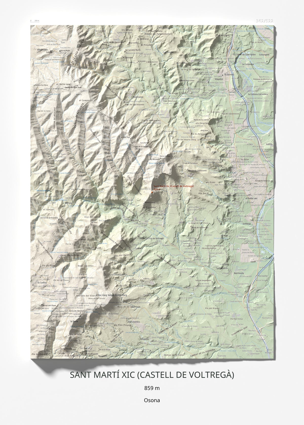 Mapa de relieve de Sant Martí Xic (Castell de Voltregà), 859 m, Osona, lámina 100 Cims de Trobart 50 × 70 cm.