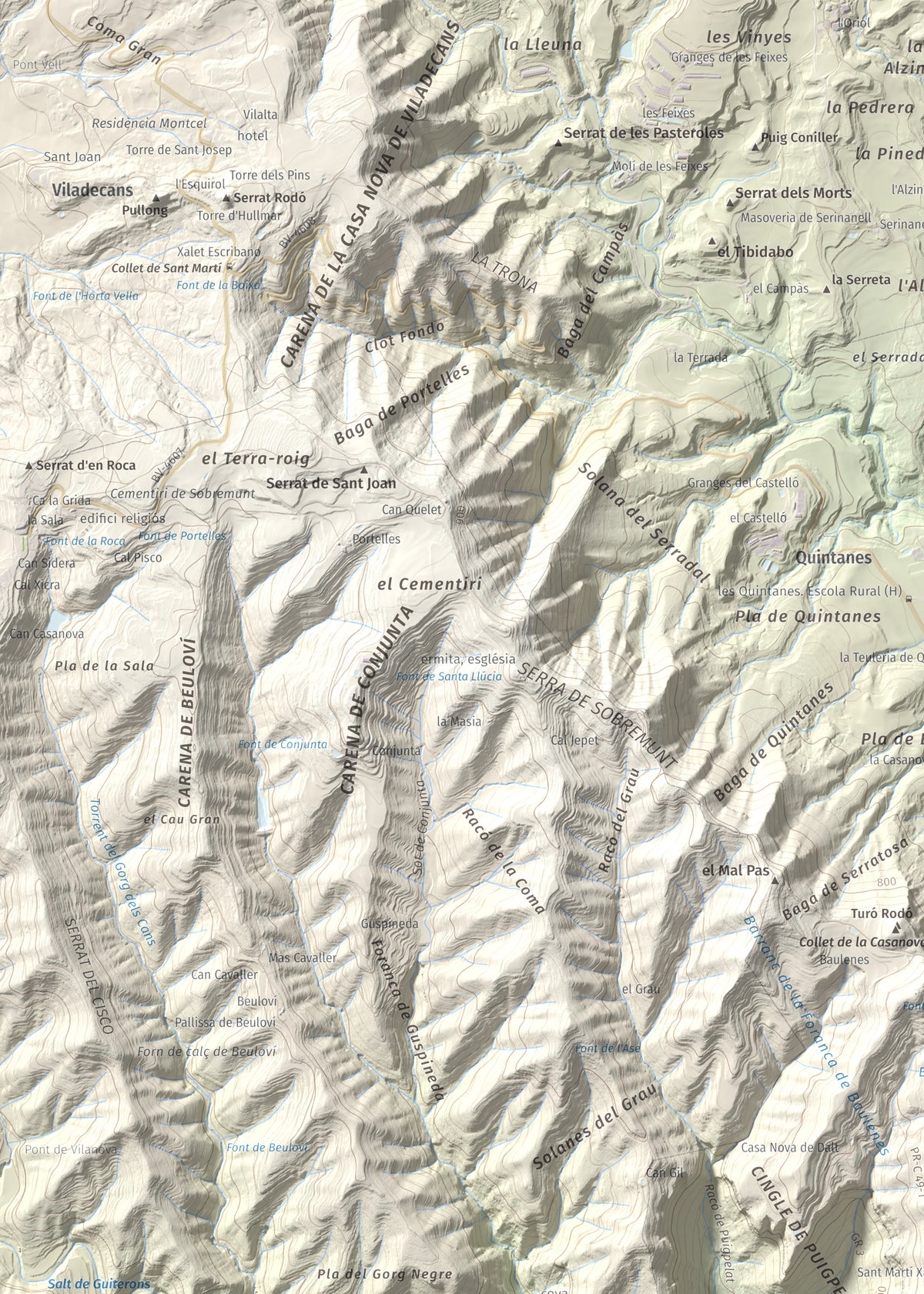 Mapa de relieve de Sant Martí Xic (Castell de Voltregà), 859 m, Osona, lámina 100 Cims de Trobart. Detalle de la zona superior izquierda. 50 × 70 cm.