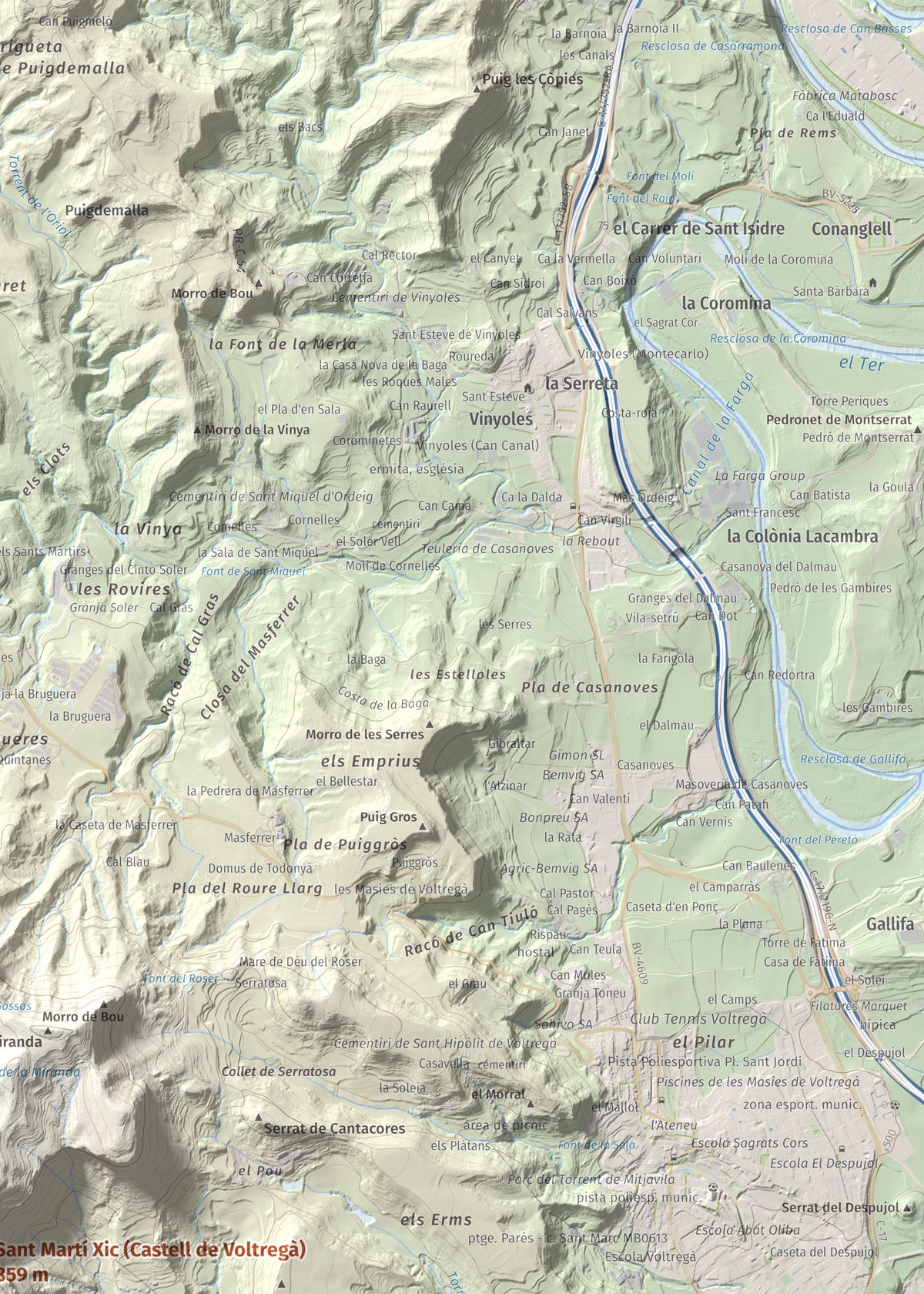 Mapa de relieve de Sant Martí Xic (Castell de Voltregà), 859 m, Osona, lámina 100 Cims de Trobart. Detalle de la zona superior derecha. 50 × 70 cm.