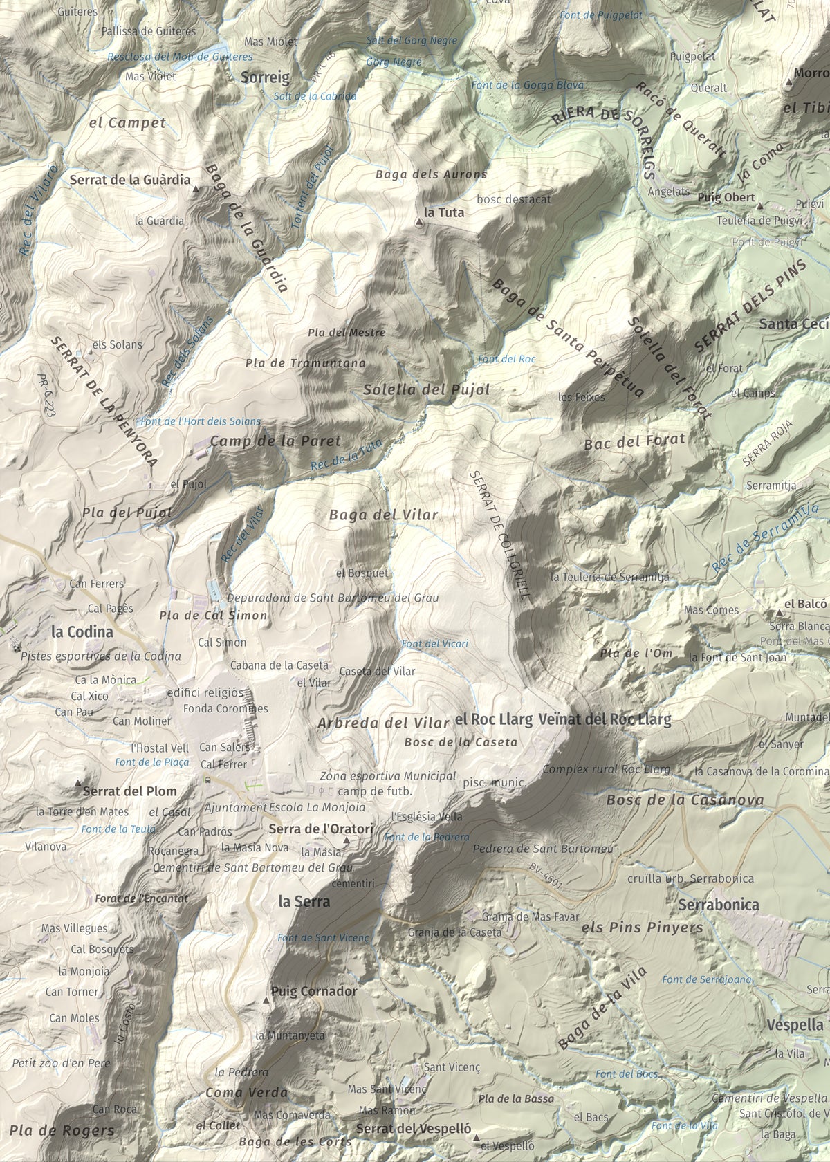 Mapa de relieve de Sant Martí Xic (Castell de Voltregà), 859 m, Osona, lámina 100 Cims de Trobart. Detalle de la zona inferior izquierda. 50 × 70 cm.