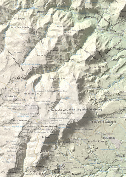Mapa de relieve de Sant Martí Xic (Castell de Voltregà), 859 m, Osona, lámina 100 Cims de Trobart. Detalle de la zona inferior izquierda. 50 × 70 cm.