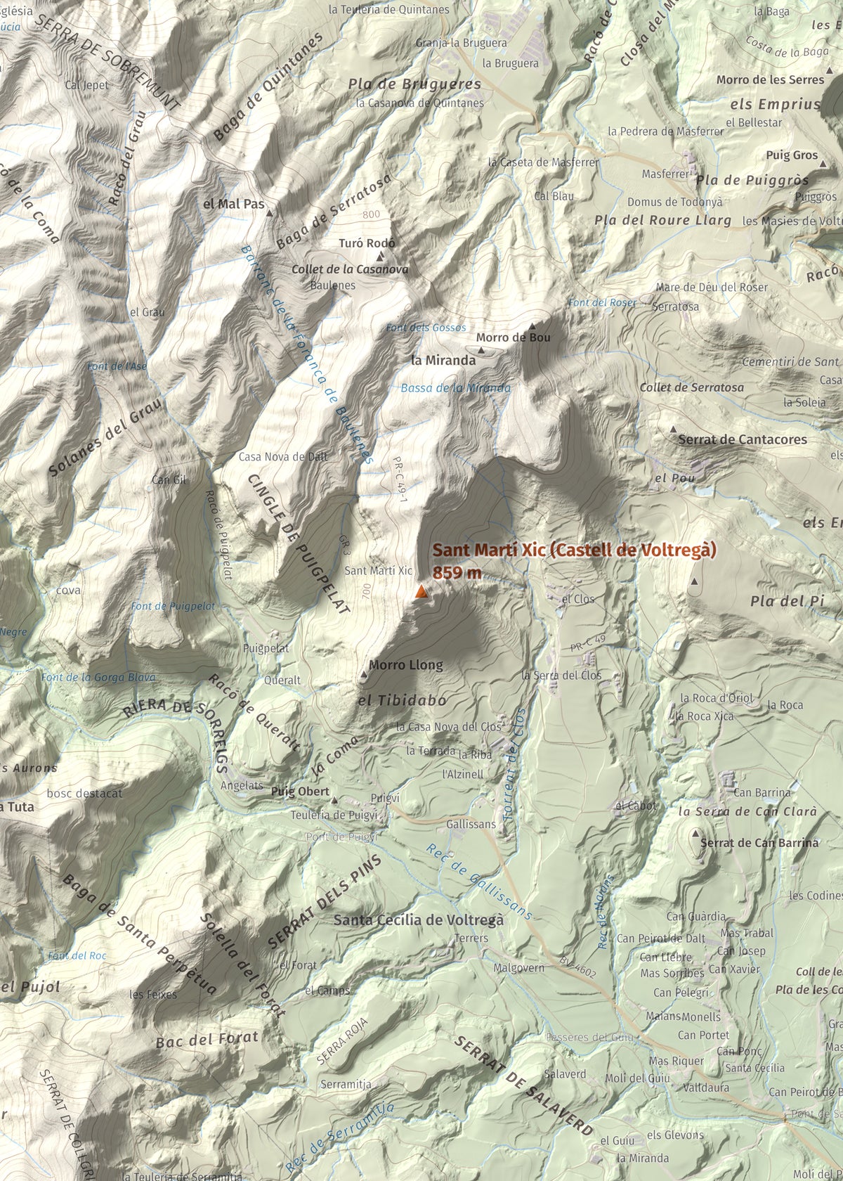 Mapa de relieve de Sant Martí Xic (Castell de Voltregà), 859 m, Osona, lámina 100 Cims de Trobart. Detalle de la zona central. 50 × 70 cm.