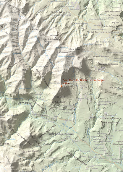 Mapa de relieve de Sant Martí Xic (Castell de Voltregà), 859 m, Osona, lámina 100 Cims de Trobart. Detalle de la zona central. 50 × 70 cm.