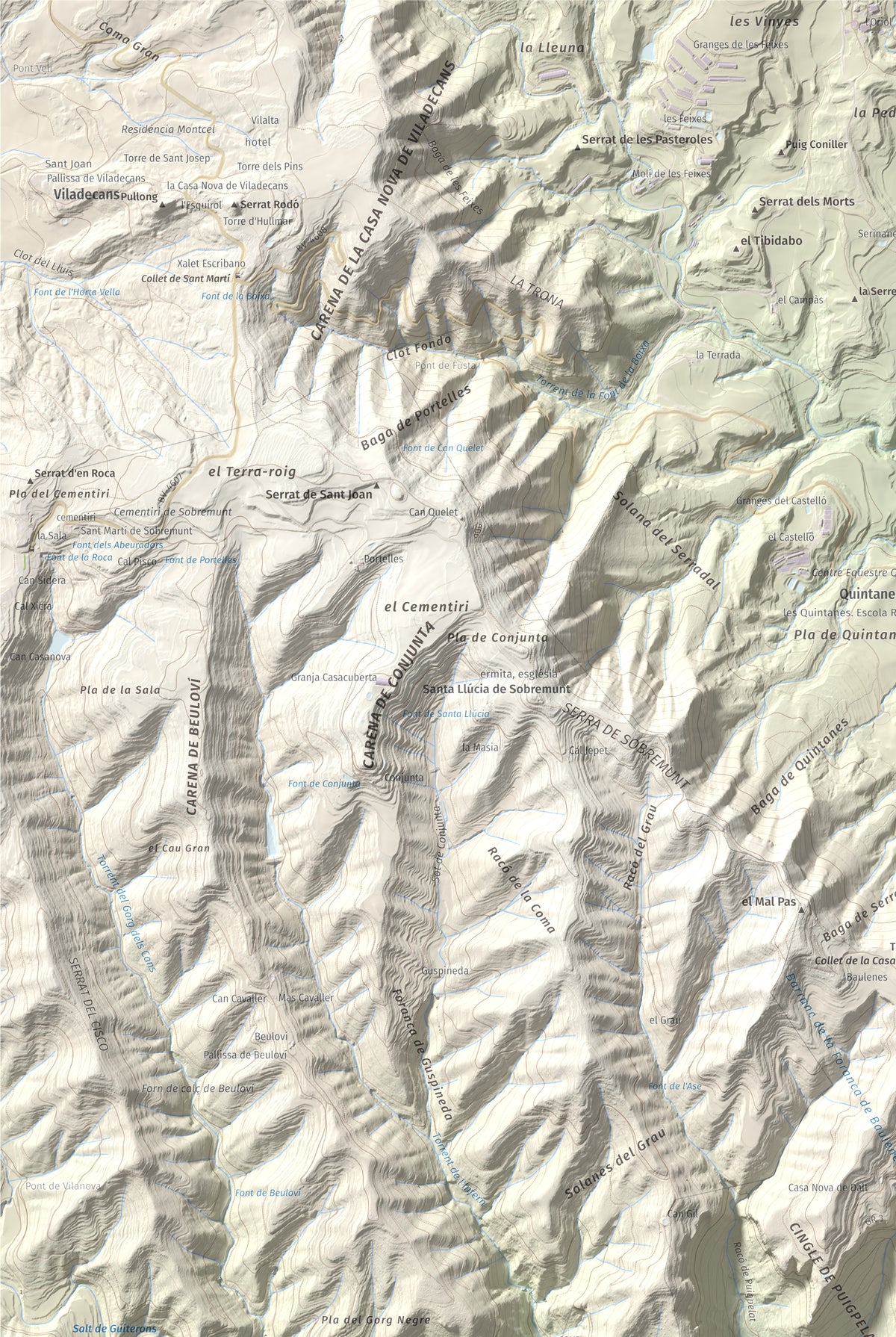Mapa de relieve de Sant Martí Xic (Castell de Voltregà), 859 m, Osona, lámina 100 Cims de Trobart. Detalle de la zona superior izquierda. 61 × 91 cm.