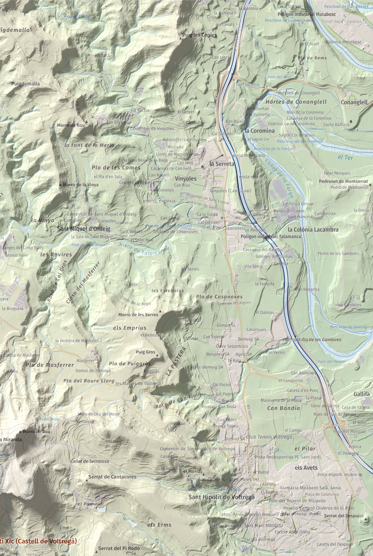 Mapa de relieve de Sant Martí Xic (Castell de Voltregà), 859 m, Osona, lámina 100 Cims de Trobart. Detalle de la zona superior derecha. 61 × 91 cm.