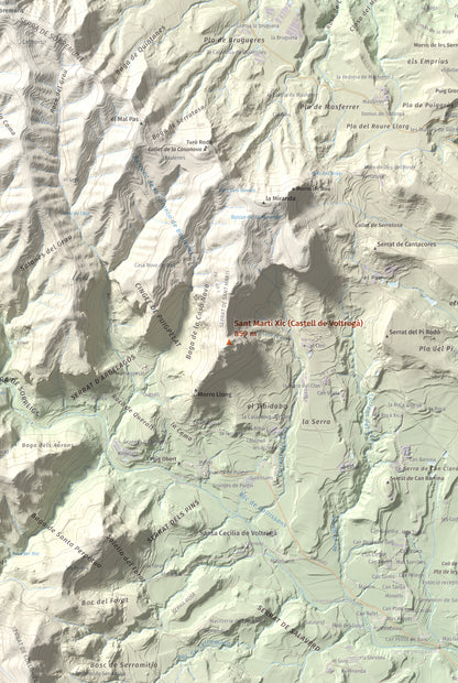 Mapa de relieve de Sant Martí Xic (Castell de Voltregà), 859 m, Osona, lámina 100 Cims de Trobart. Detalle de la zona central. 61 × 91 cm.