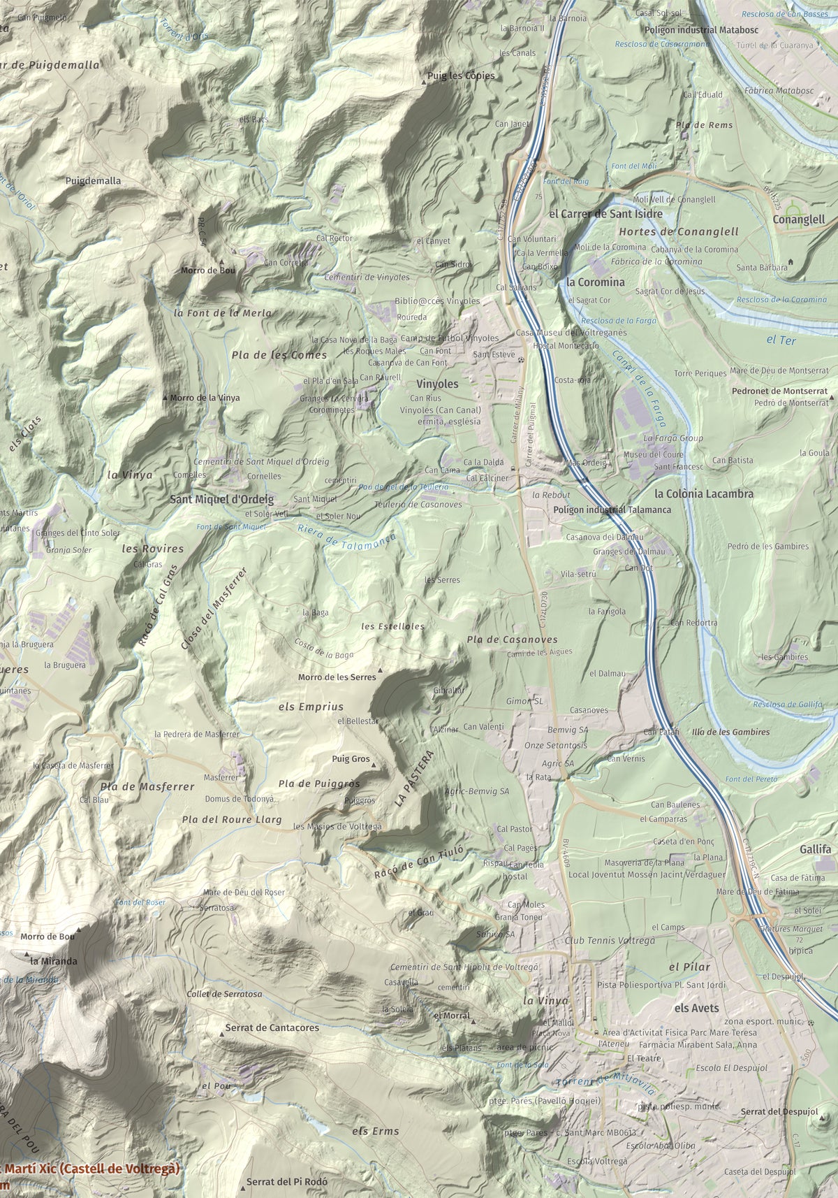 Mapa de relieve de Sant Martí Xic (Castell de Voltregà), 859 m, Osona, lámina 100 Cims de Trobart. Detalle de la zona superior derecha. 70 × 100 cm.