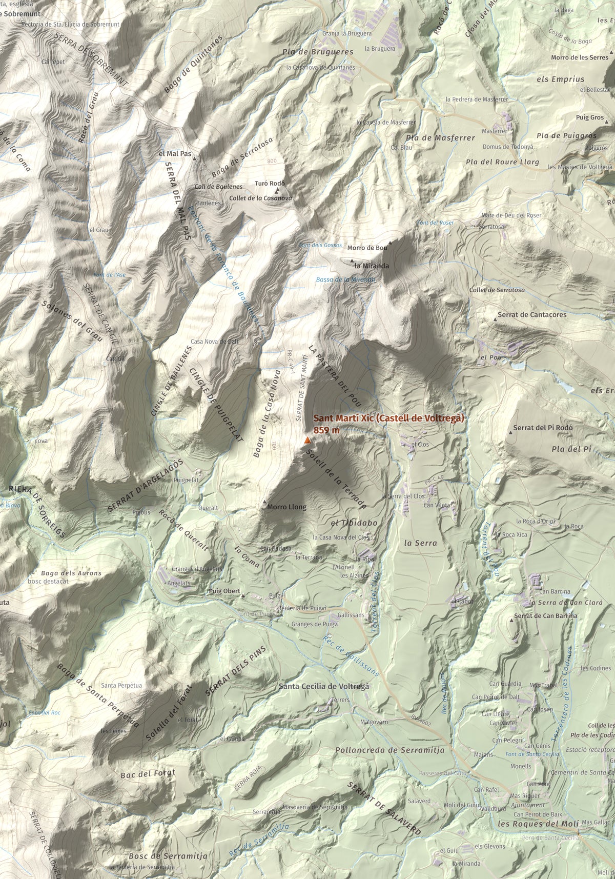 Mapa de relieve de Sant Martí Xic (Castell de Voltregà), 859 m, Osona, lámina 100 Cims de Trobart. Detalle de la zona central. 70 × 100 cm.