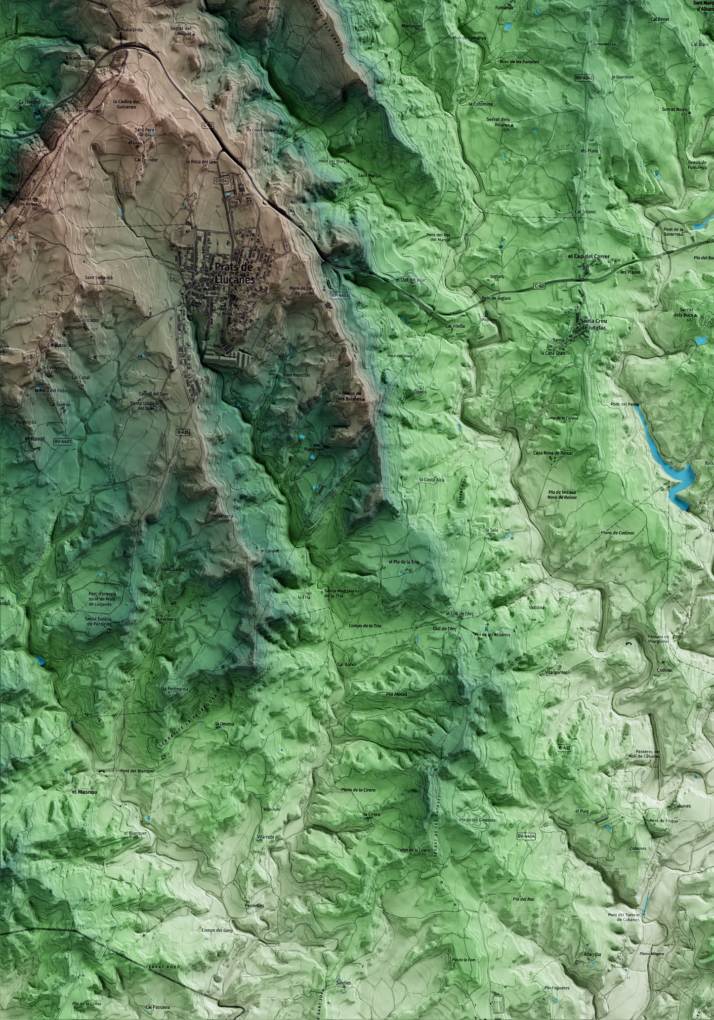 Mapa artístico del relieve de Sant Martí d'Albars, al Lluçanès, con 15 km de entorno y base topográfica ICGC. Detalle de la zona inferior izquierda.