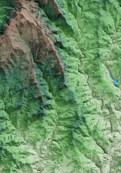 Mapa artístico del relieve de Sant Martí d'Albars, al Lluçanès, con 15 km de entorno y base topográfica ICGC. Detalle de la zona inferior izquierda.