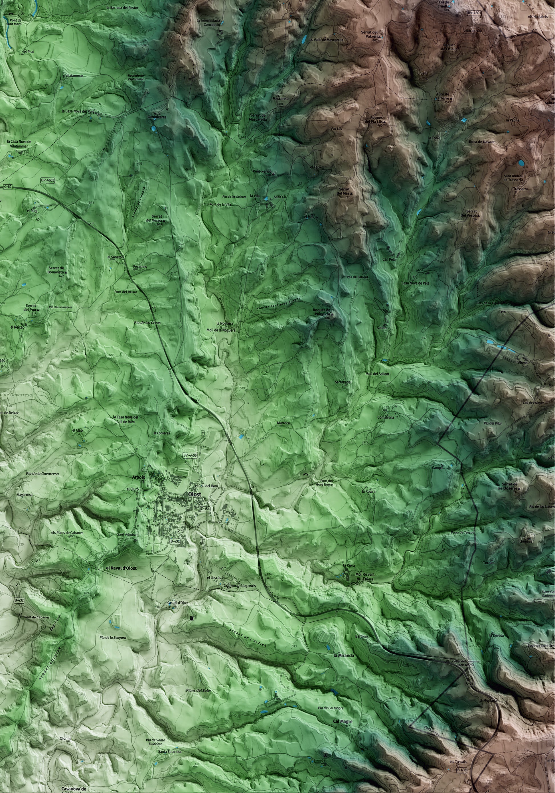 Mapa artístico del relieve de Sant Martí d'Albars, al Lluçanès, con 15 km de entorno y base topográfica ICGC. Detalle de la zona inferior derecha.