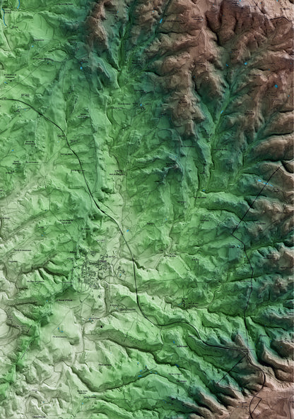 Mapa artístico del relieve de Sant Martí d'Albars, al Lluçanès, con 15 km de entorno y base topográfica ICGC. Detalle de la zona inferior derecha.