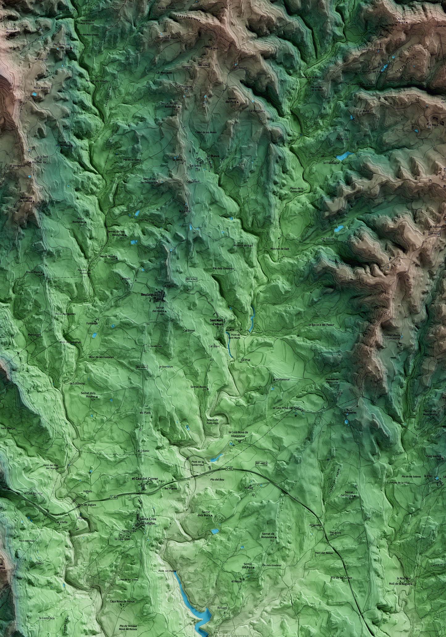 Mapa artístico del relieve de Sant Martí d'Albars, al Lluçanès, con 15 km de entorno y base topográfica ICGC. Detalle de la zona central.
