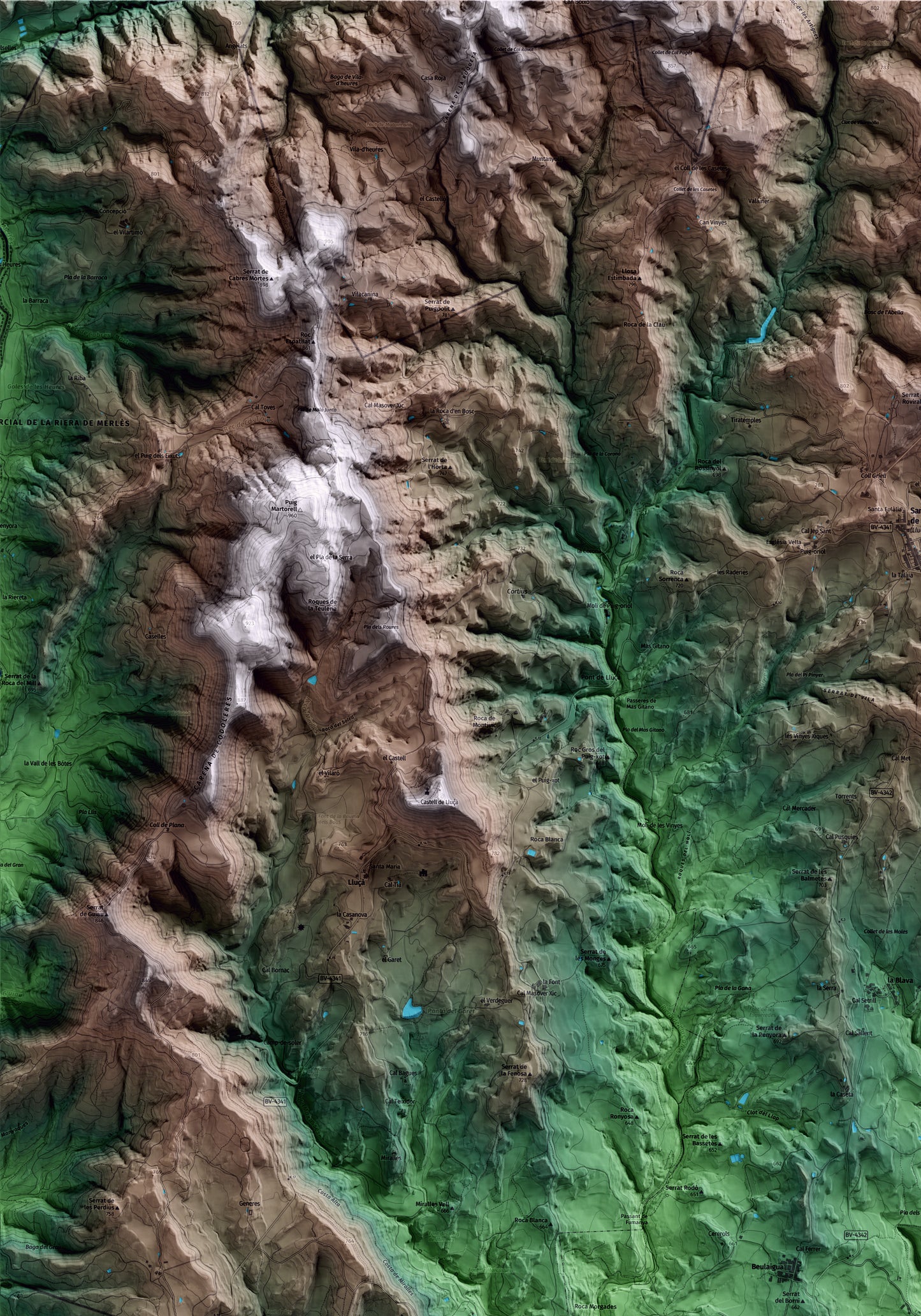 Mapa artístico del relieve de Sant Martí d'Albars, al Lluçanès, con 15 km de entorno y base topográfica ICGC. Detalle de la zona superior izquierda.