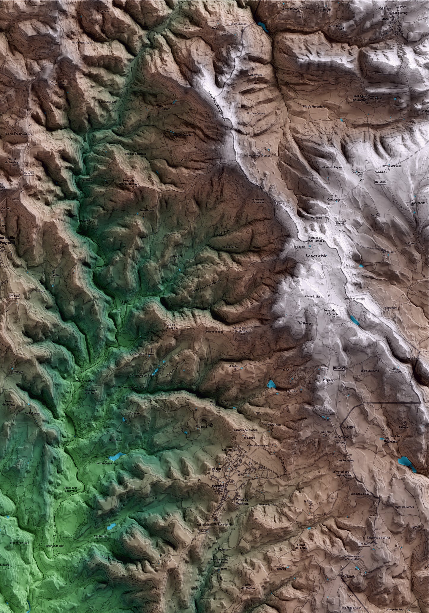 Mapa artístico del relieve de Sant Martí d'Albars, al Lluçanès, con 15 km de entorno y base topográfica ICGC. Detalle de la zona superior derecha.